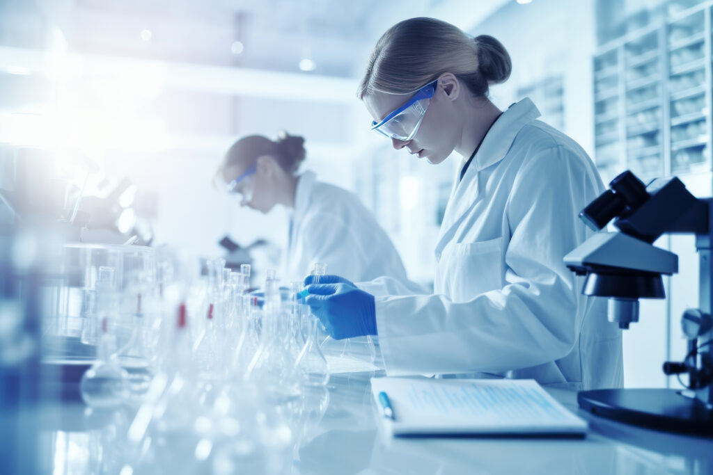 un primo piano di scienziati chimici che lavorano in un laboratorio concetto di scienza ai generato 1024x683 1